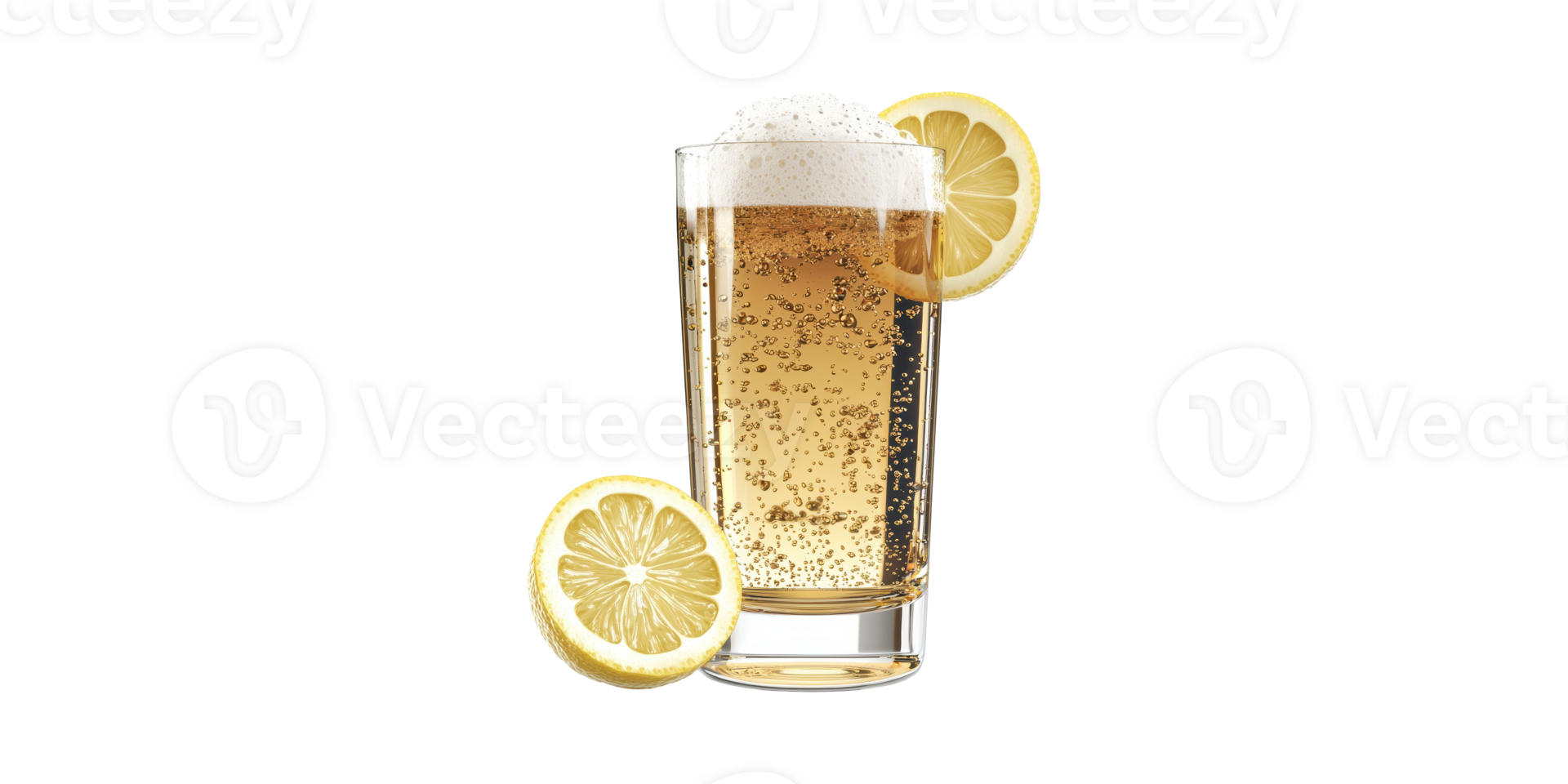 Tall Glass Of Refreshing Lemon Beer With Foam And Lemon Slices. Citrus-Infused Beverage Isolated On Transparent Background png