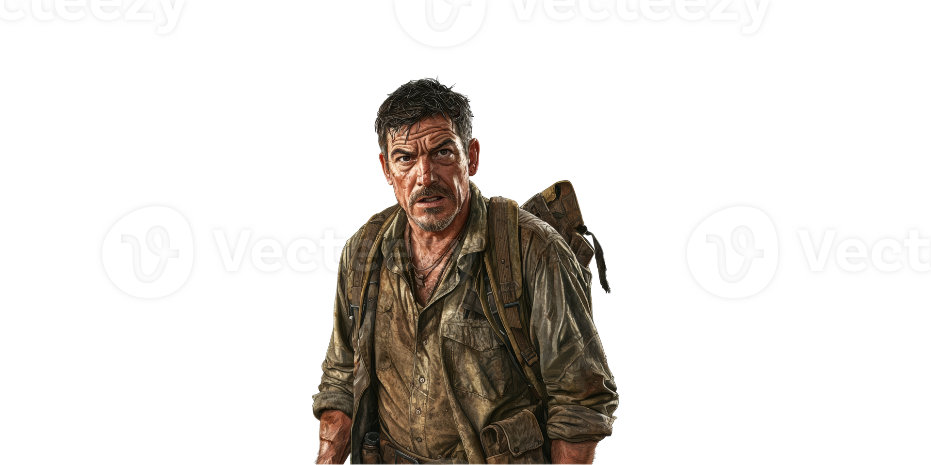 Rugged Explorer With Backpack In Adventure Gear. Survival And Exploration Theme Isolated On Transparent Background png