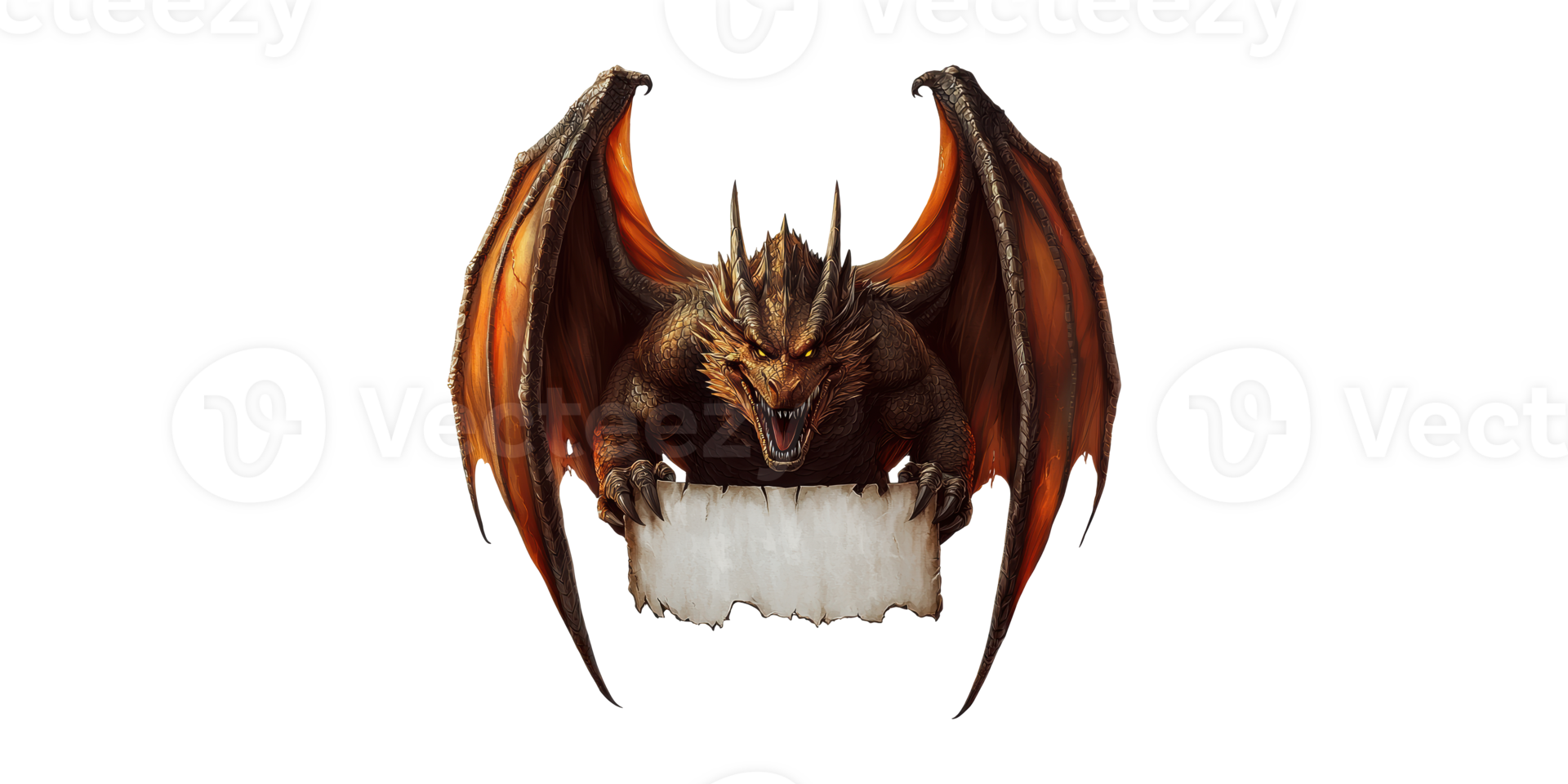 Dragon Holding Blank Scroll. Fantasy Creature With Wings And Fierce Expression Isolated On Transparent Background png