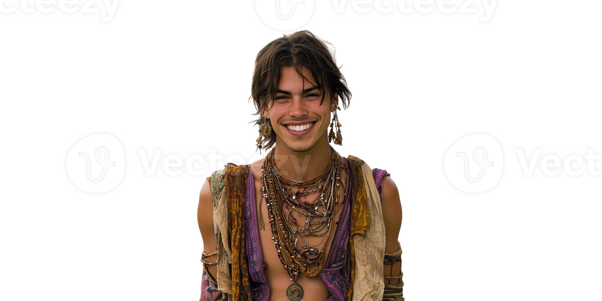 Smiling Man In Bohemian Attire With Layered Jewelry. Expressing Free-Spirited And Artistic Style Isolated On Transparent Background png
