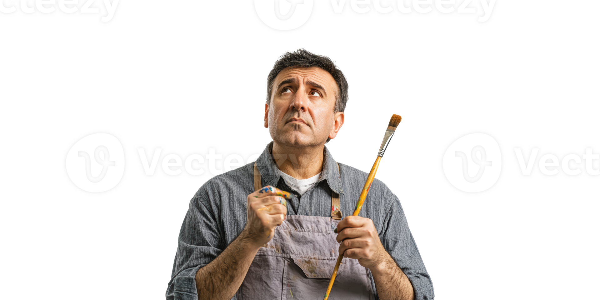 Male Artist In Apron Holding Paintbrush And Palette. Creative Inspiration And Artistic Expression Isolated On Transparent Background png