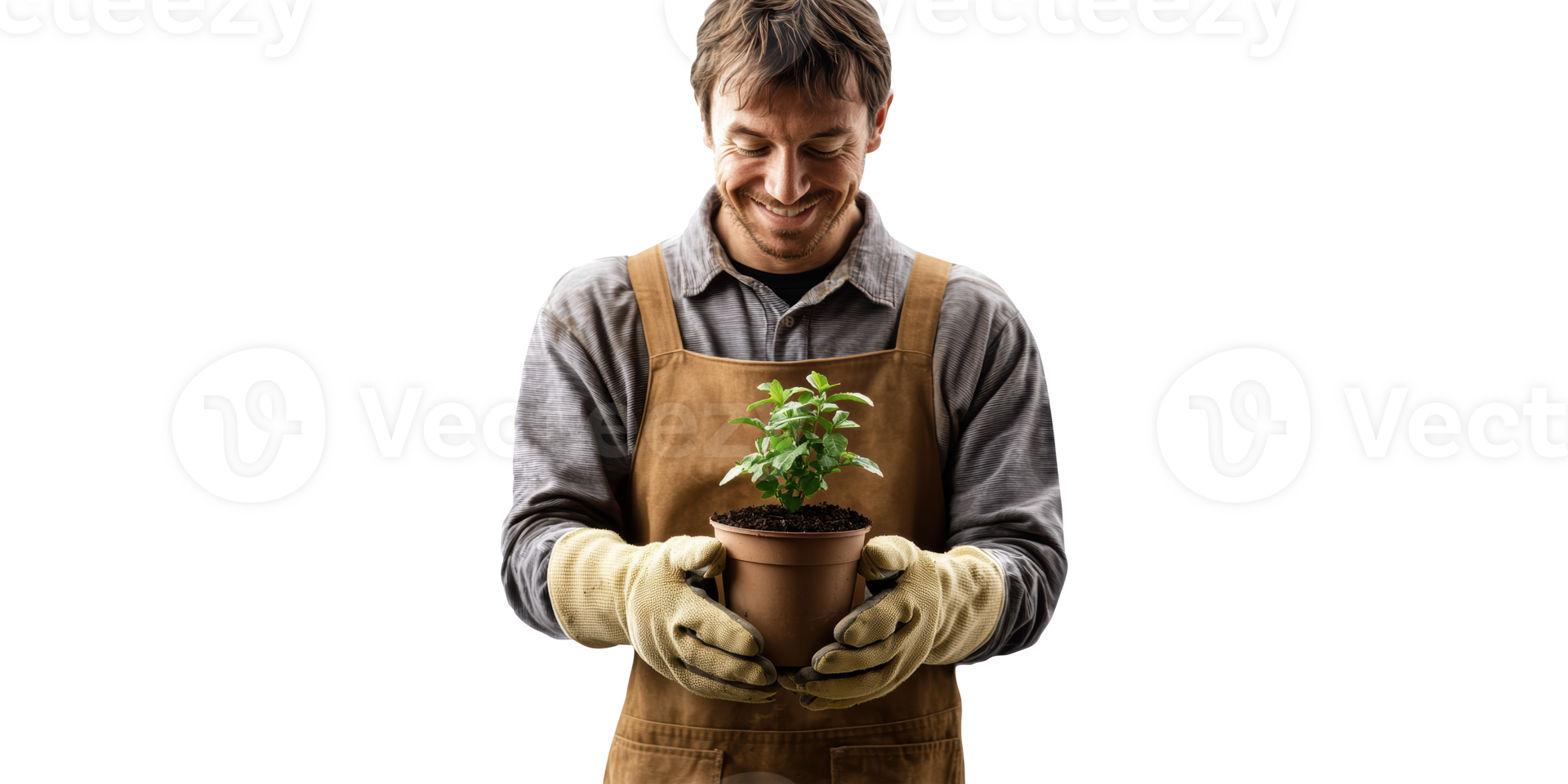 Gardener Holding Potted Plant With Joyful Expression. Emphasizing Growth And Sustainability Isolated On Transparent Background png