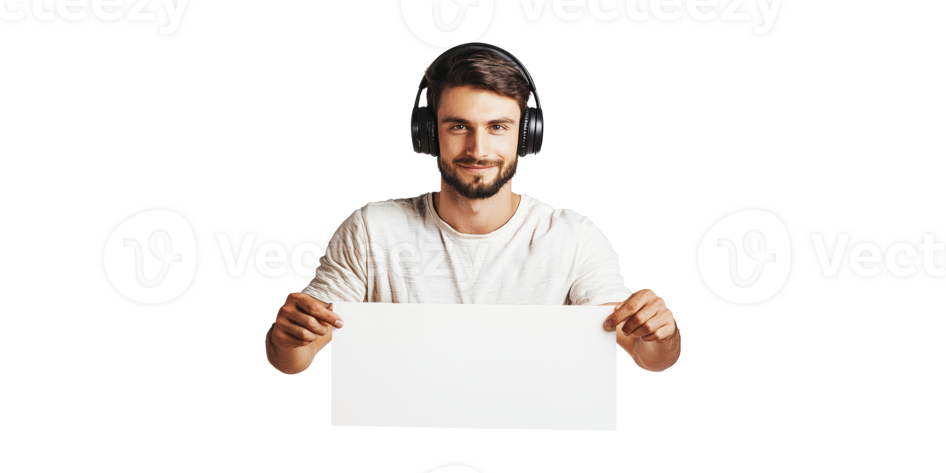 Man Wearing Headphones Holding Blank Sign. Music Enthusiast Promoting Message Isolated On Transparent Background png