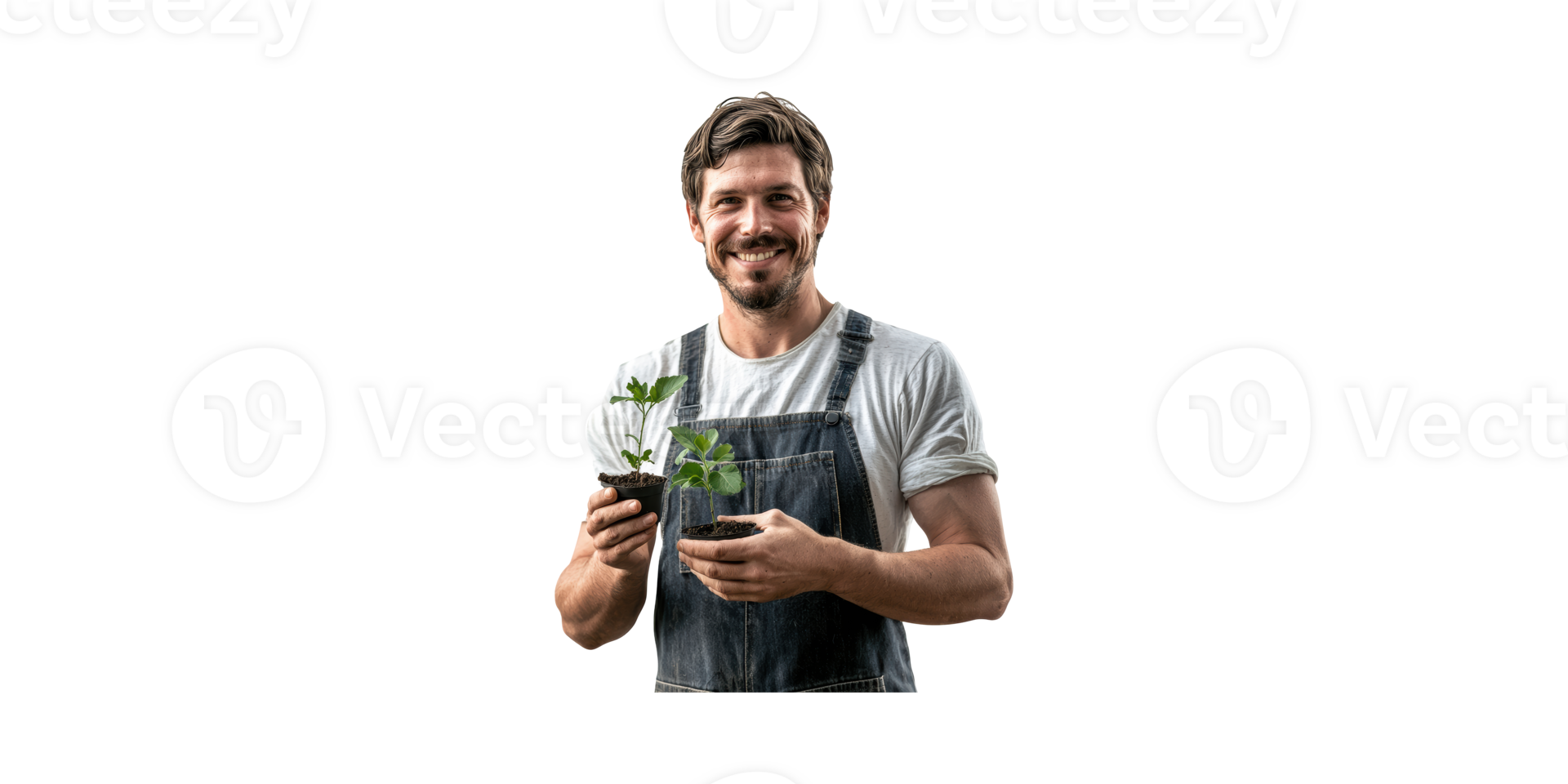 Gardener Holding Seedlings In Pots. Sustainable Agriculture And Plant Cultivation Concept Isolated On Transparent Background png