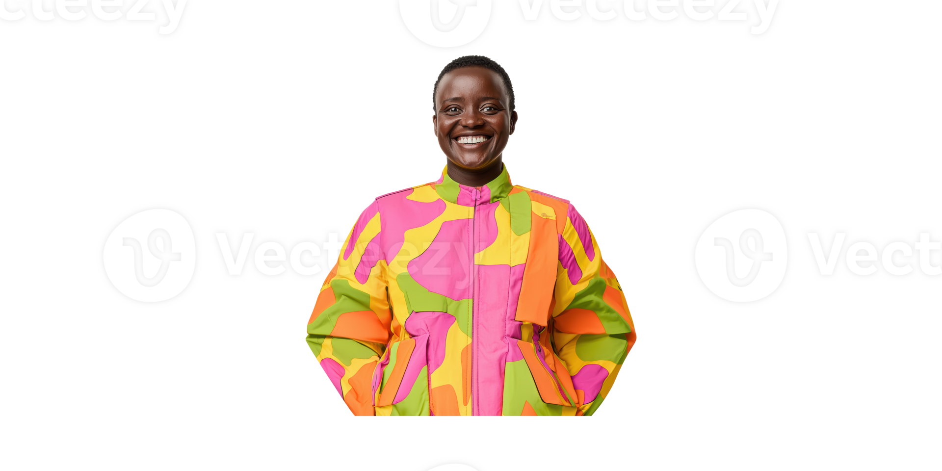 Smiling Person In Vibrant Camouflage Jacket. Fashion And Self-Expression Isolated On Transparent Background png