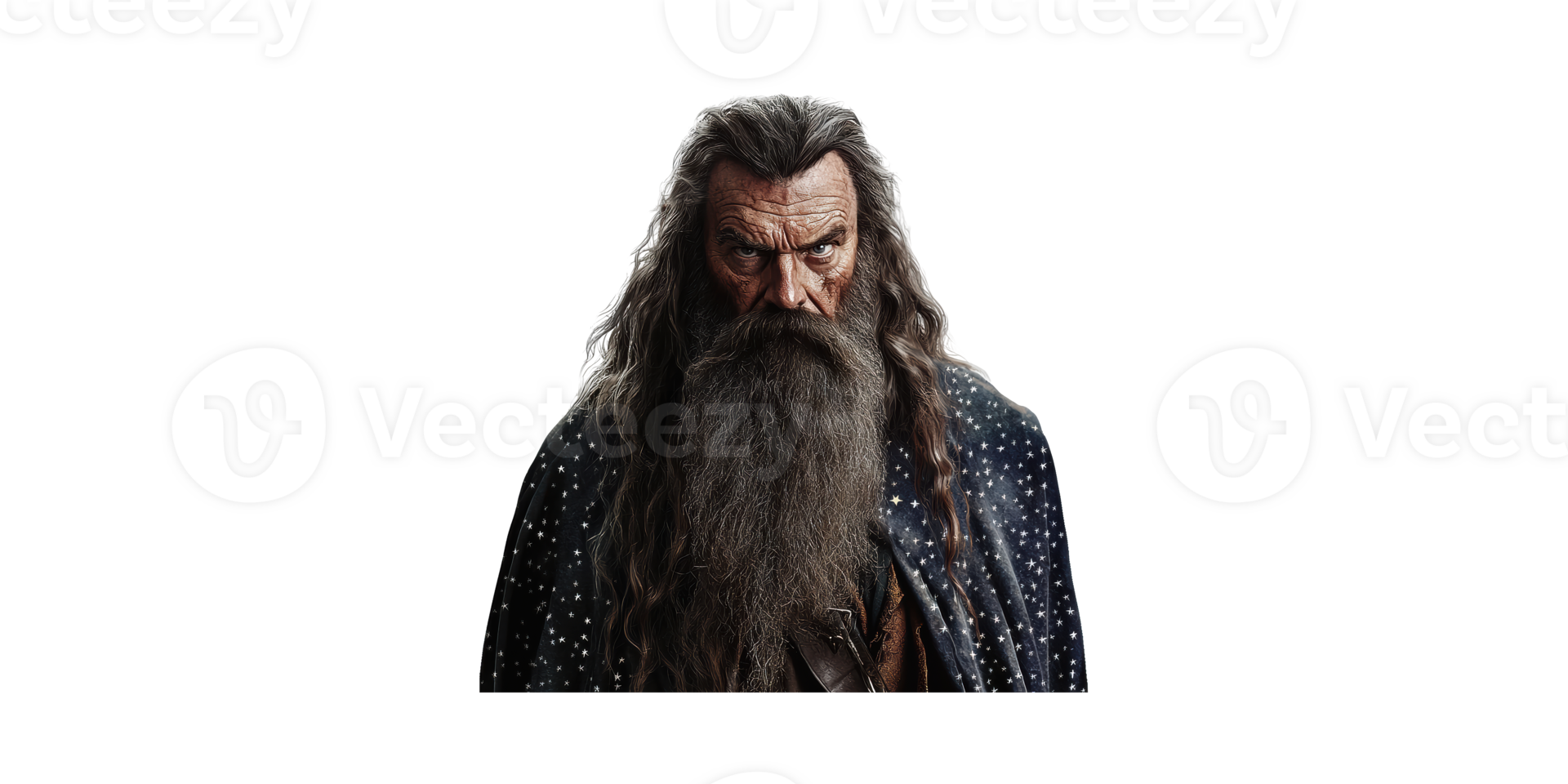 Elderly Wizard With Long Beard And Starry Cloak. Mystical And Enigmatic Character Portrait Isolated On Transparent Background png