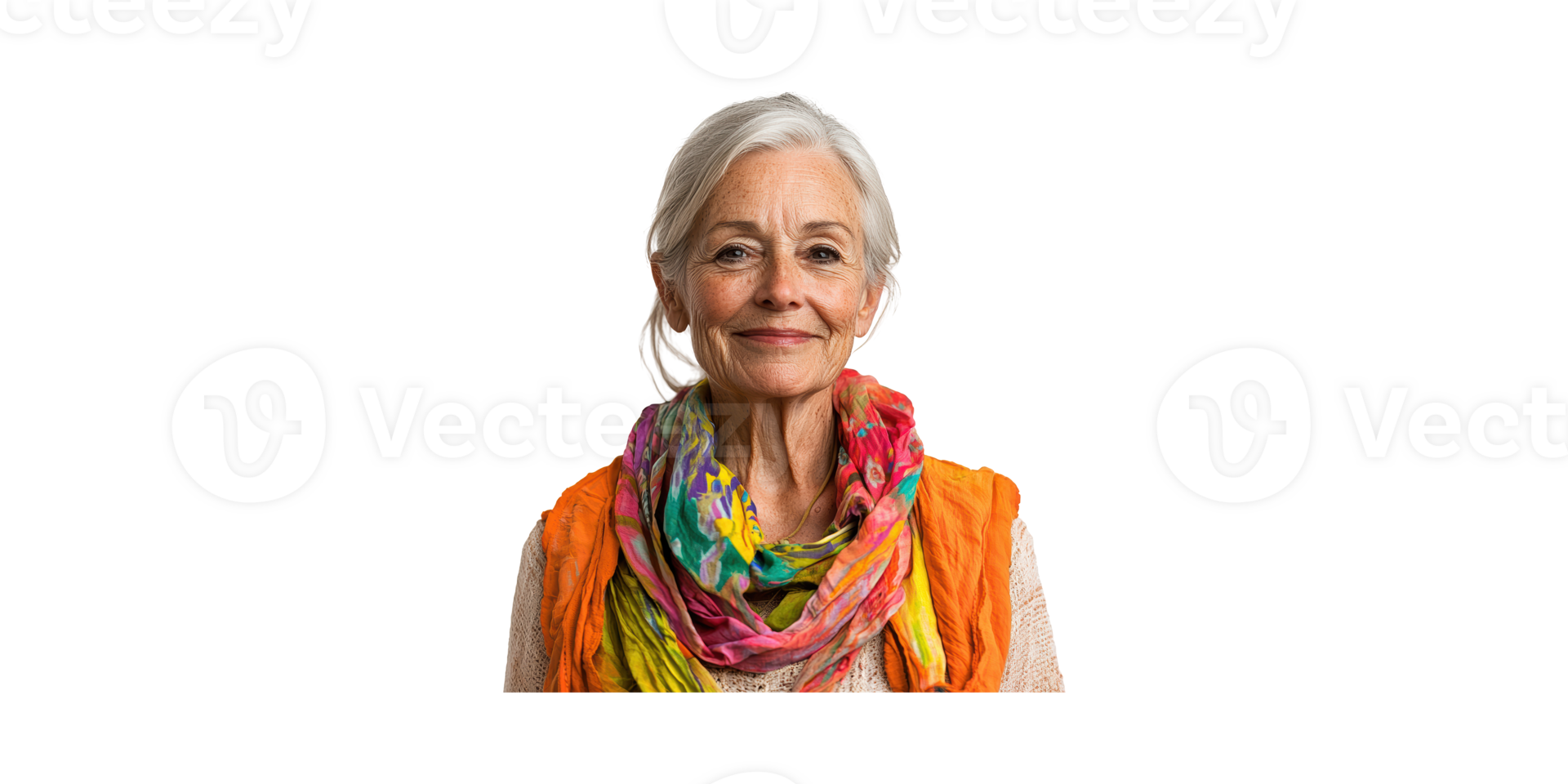 Elderly Woman Smiling In Colorful Scarf. Embracing Aging With Style And Confidence Isolated On Transparent Background png