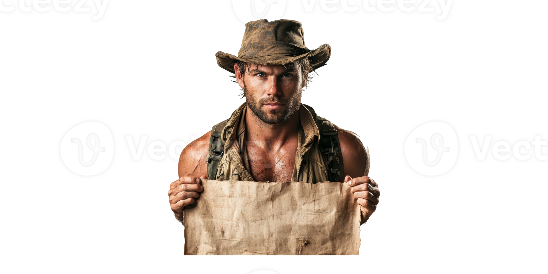 Adventurous Explorer Holding Blank Map. Concept Of Exploration And Adventure Isolated On Transparent Background png