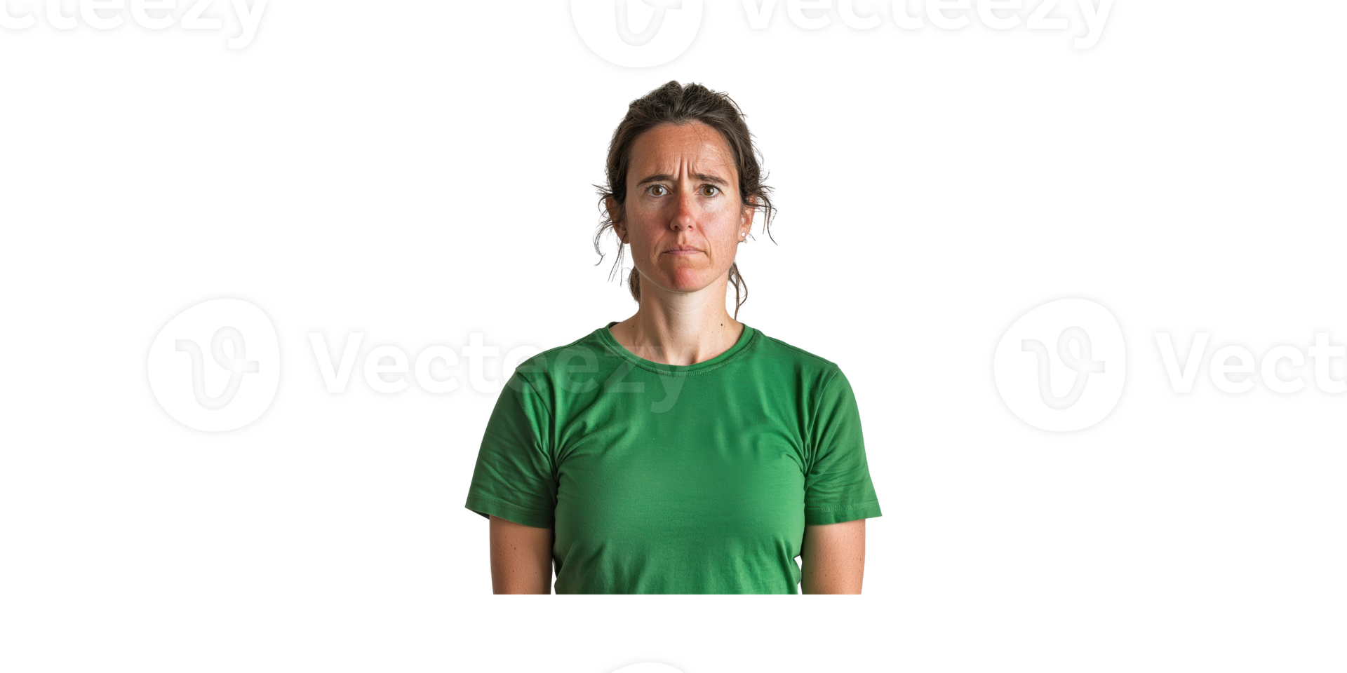 Woman In Green T-Shirt With Confused Expression. Emotion And Mood Representation Isolated On Transparent Background png