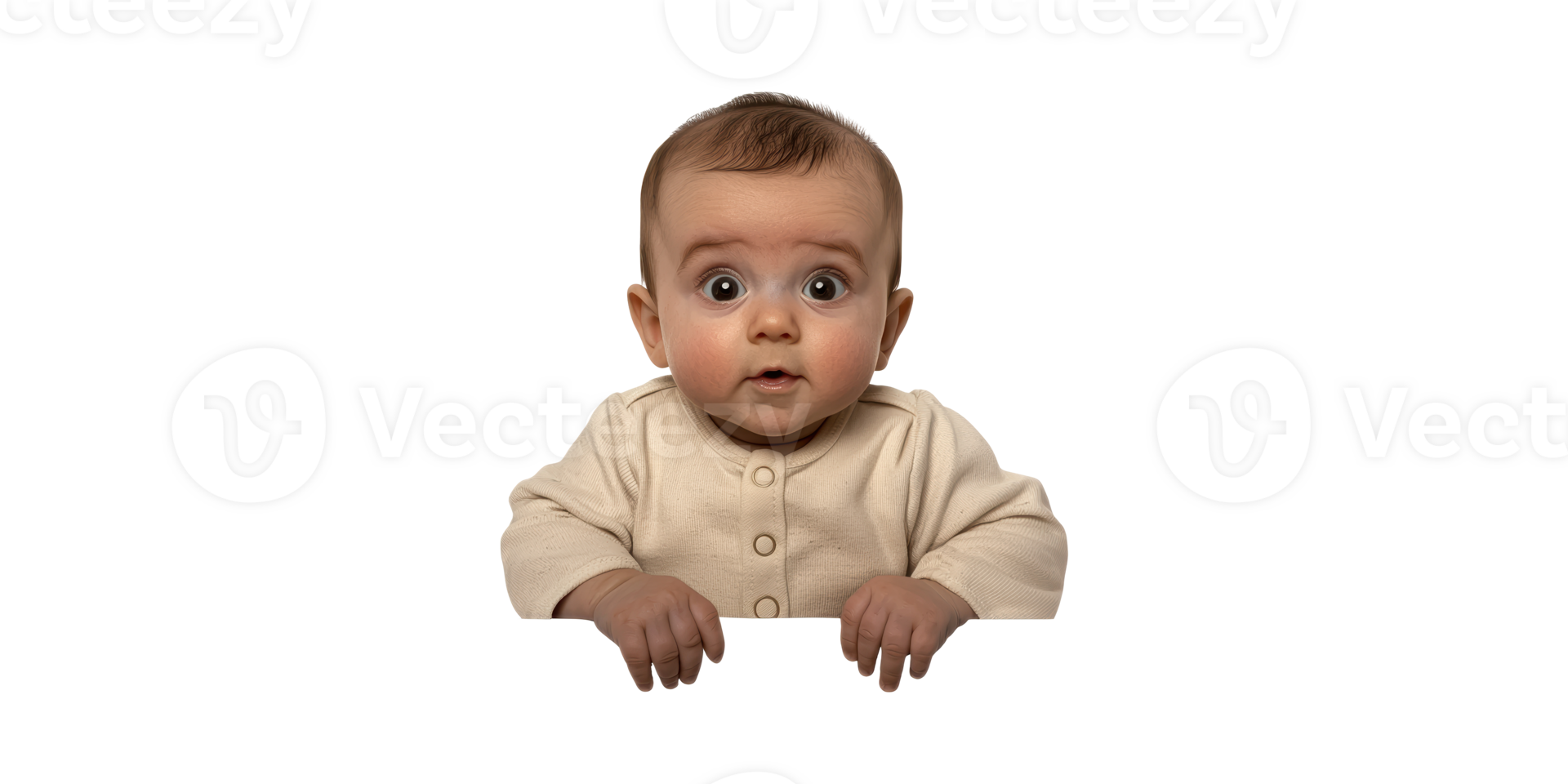 Curious Baby With Wide Eyes In Beige Outfit. Innocence And Wonder Captured Isolated On Transparent Background png