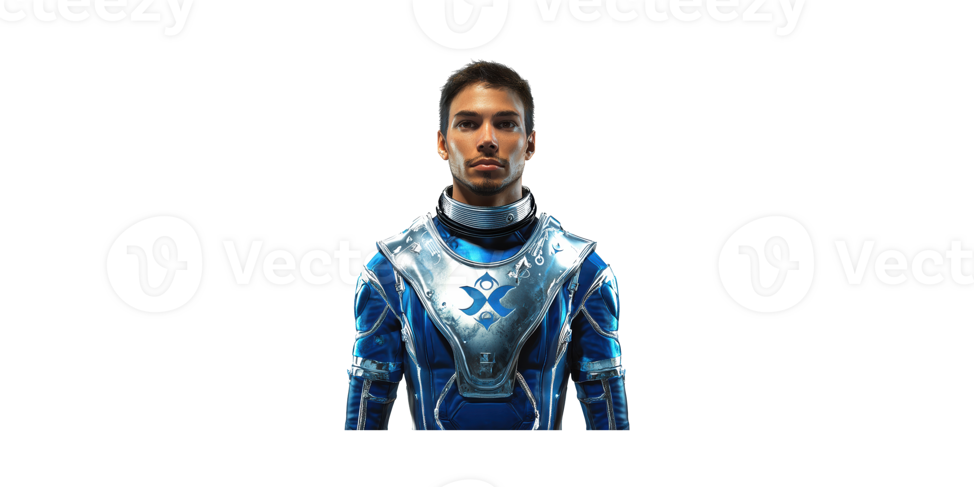 Futuristic Male Character In Blue And Silver Armor. Sci-Fi Concept And Space Exploration Theme Isolated On Transparent Background png