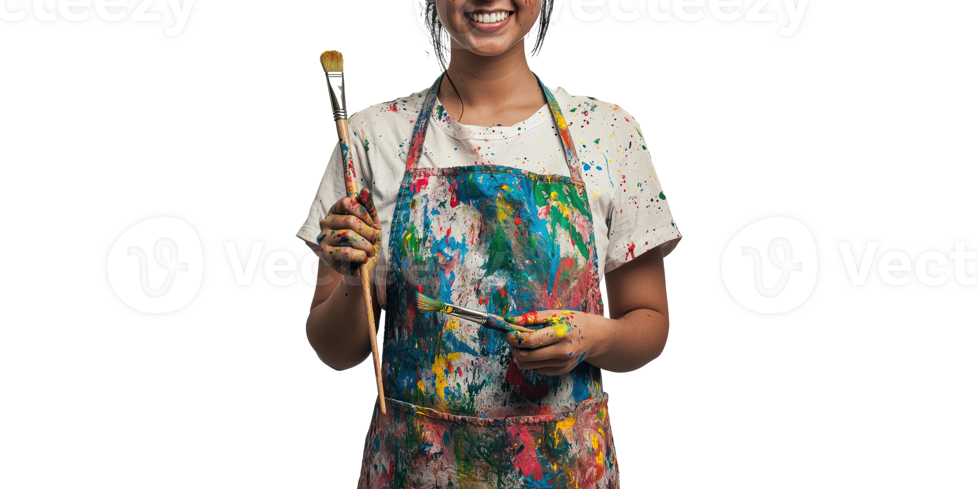 Smiling Artist With Paintbrushes And Colorful Apron. Creative Expression And Joy In Art Isolated On Transparent Background png