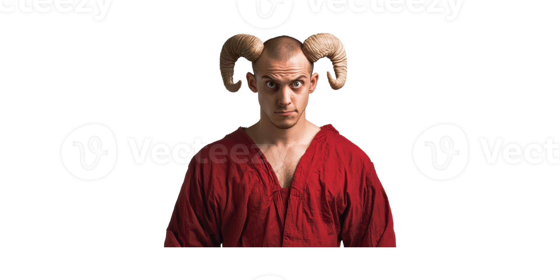Man With Ram Horns In Red Robe. Symbolism Of Strength And Mythology Isolated On Transparent Background png