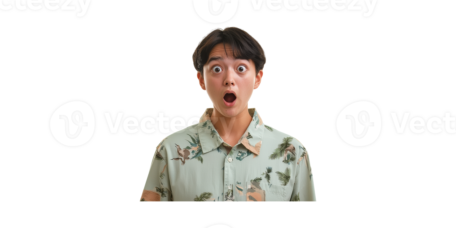Surprised Young Person In Tropical Shirt. Expressive Reaction And Emotion Isolated On Transparent Background png