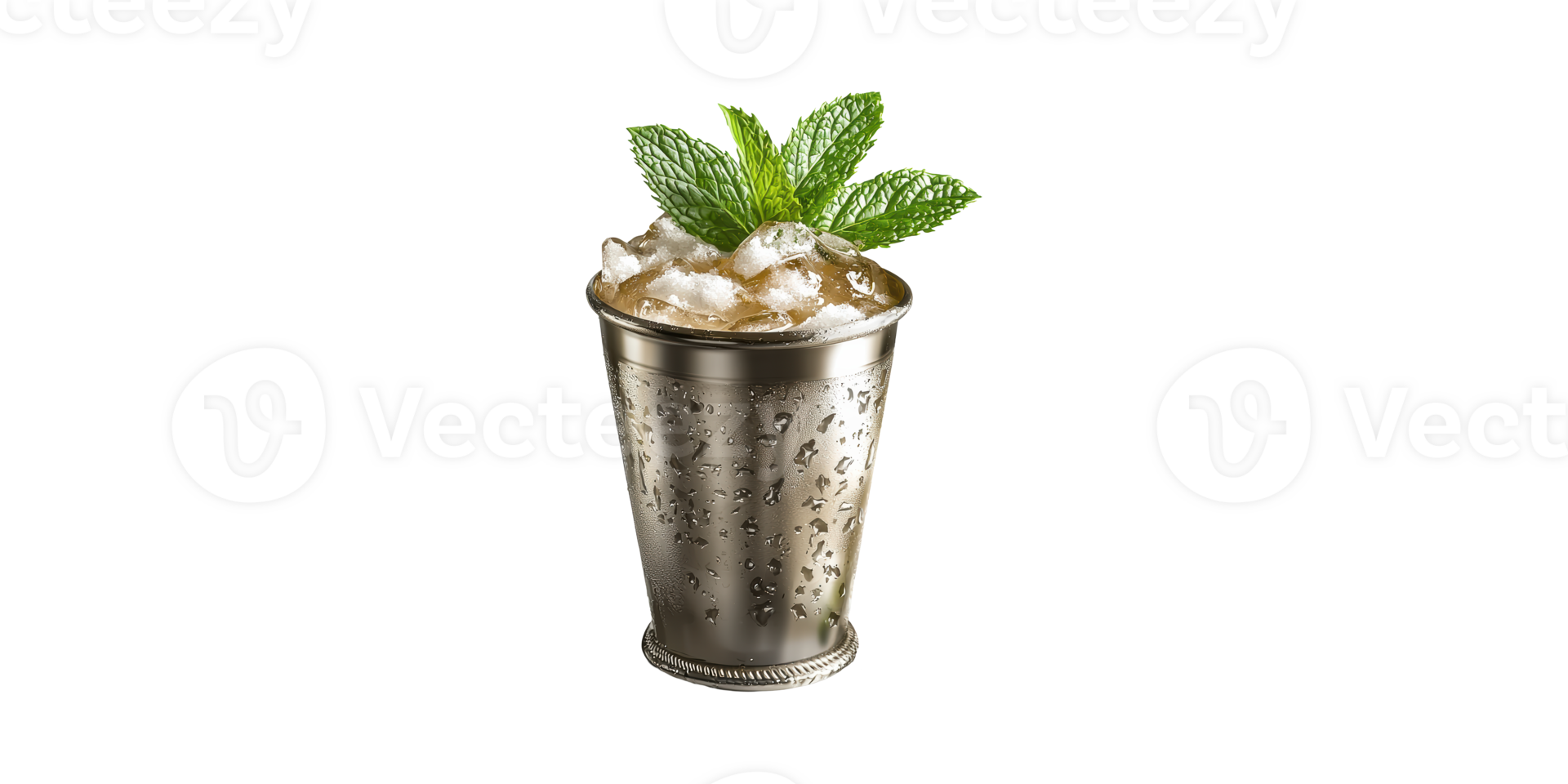 Mint Julep Cocktail In Silver Cup With Crushed Ice And Mint Leaves. Refreshing Summer Beverage Isolated On Transparent Background png