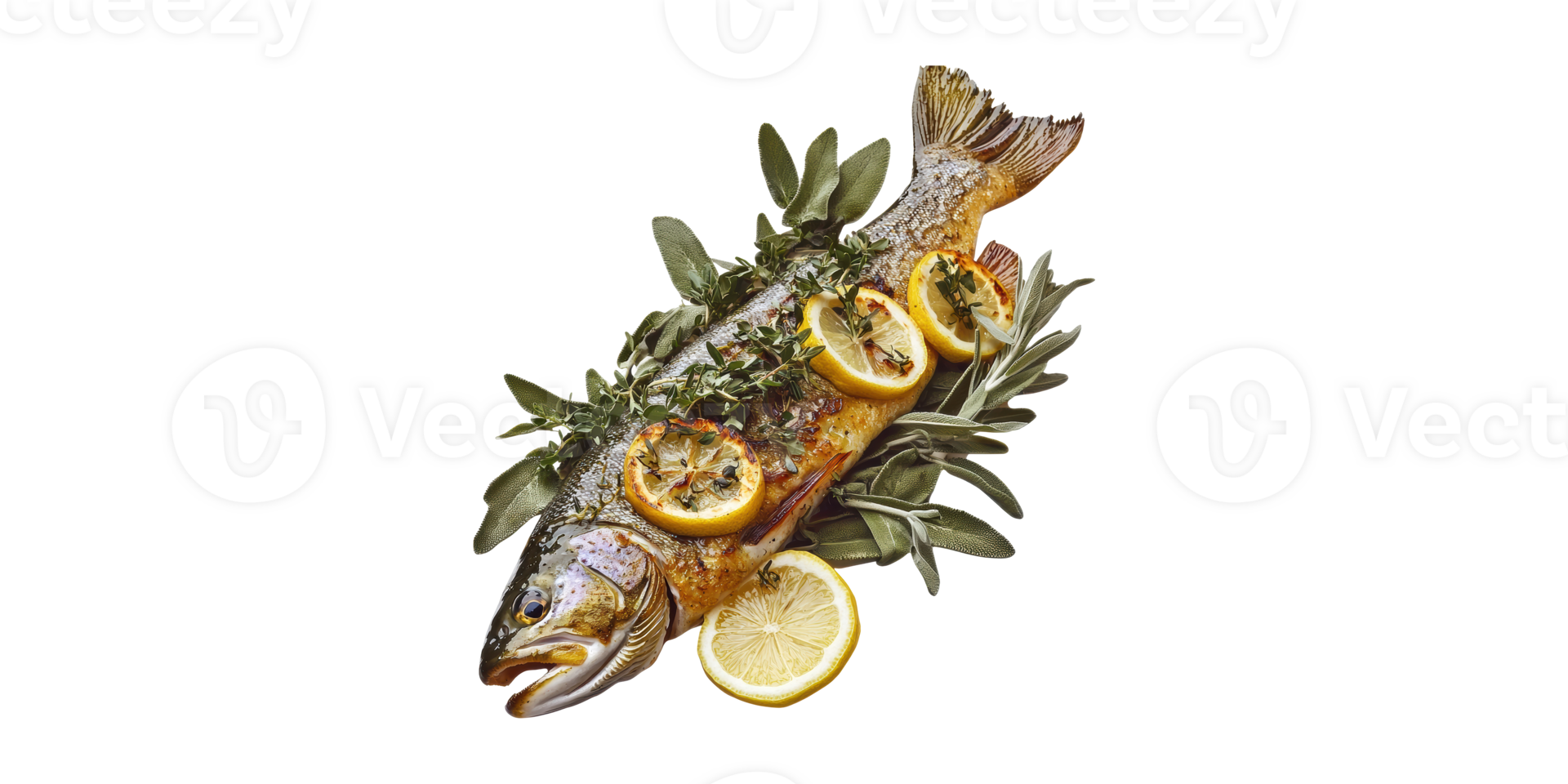 Whole Baked Fish With Lemon And Herbs. Culinary Presentation And Gourmet Cooking Concept Isolated On Transparent Background png