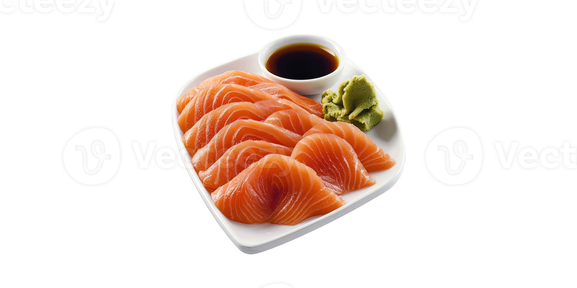 Fresh Salmon Sashimi With Soy Sauce And Wasabi Plate. Japanese Cuisine And Culinary Art Isolated On Transparent Background png