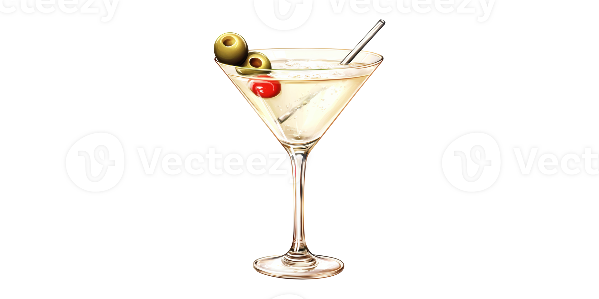 Martini Glass With Olives And Cherry. Classic Cocktail Drink For Elegant Social Gatherings Isolated On Transparent Background png