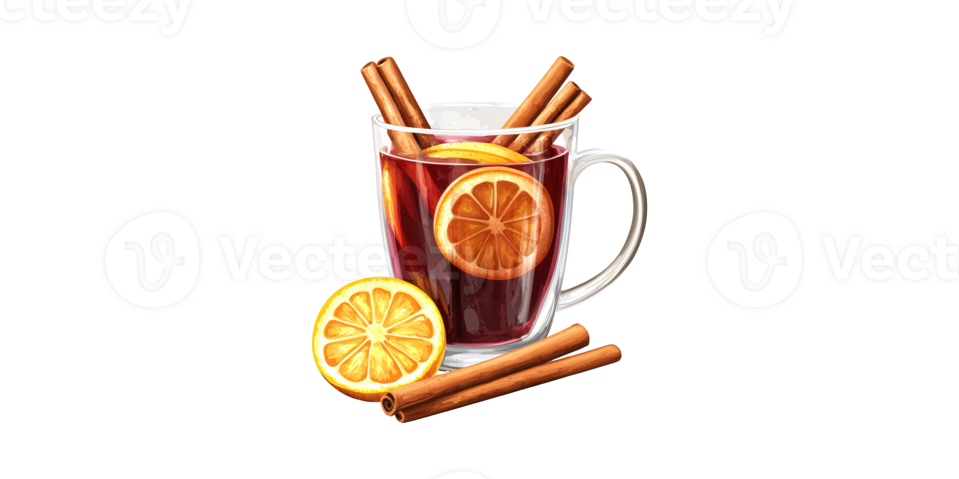 Glass Mug Of Mulled Wine With Orange Slices And Cinnamon Sticks. Warm Festive Beverage Concept Isolated On Transparent Background png