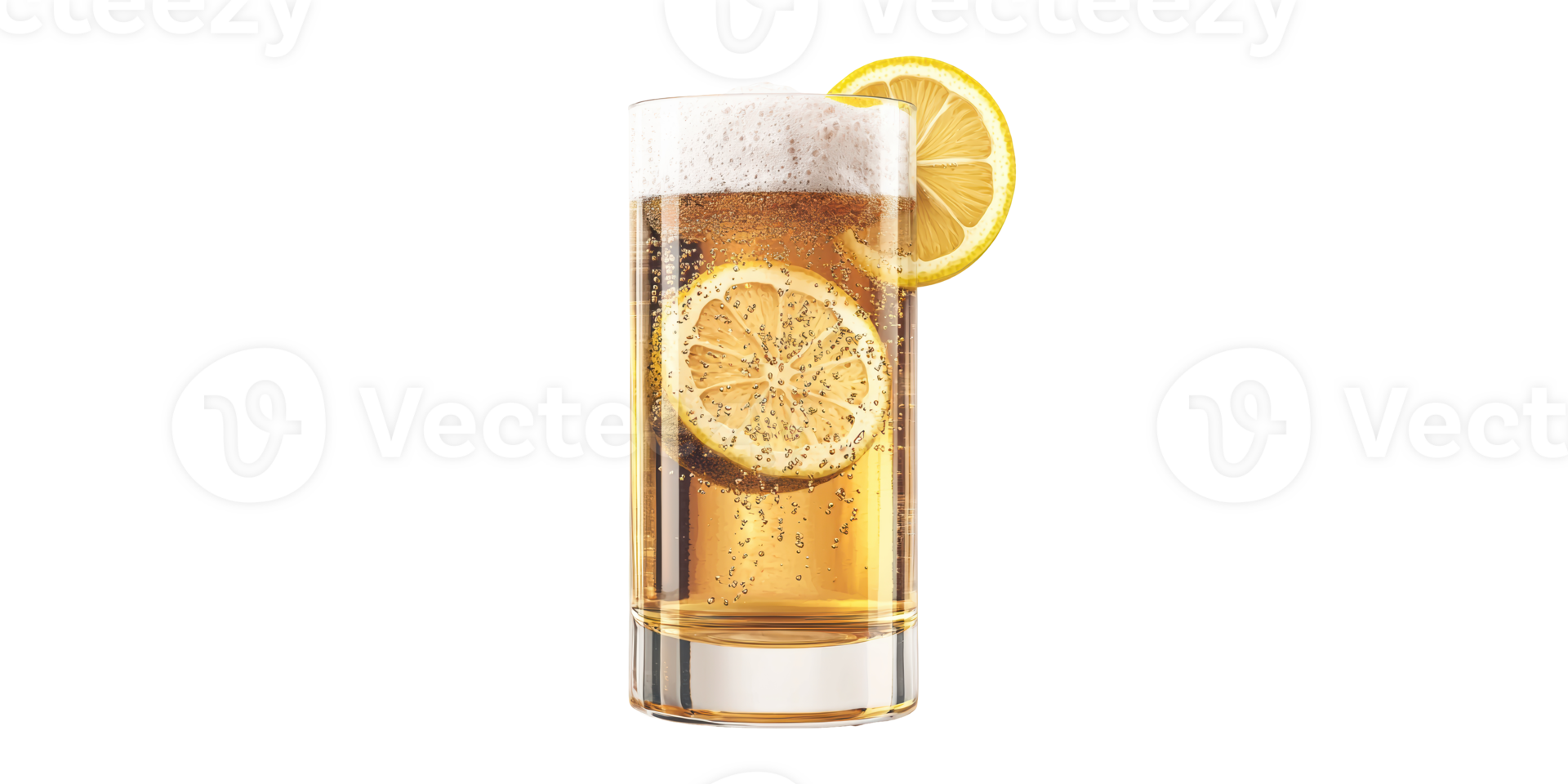 Tall Glass Of Lemon Beer With Foam And Lemon Slices. Refreshing Citrus Beverage Isolated On Transparent Background png