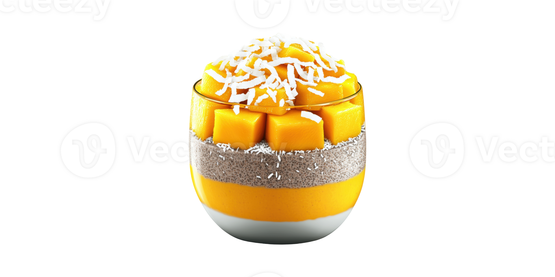 Layered Mango Chia Pudding With Coconut Topping. Healthy Dessert And Breakfast Option Isolated On Transparent Background png