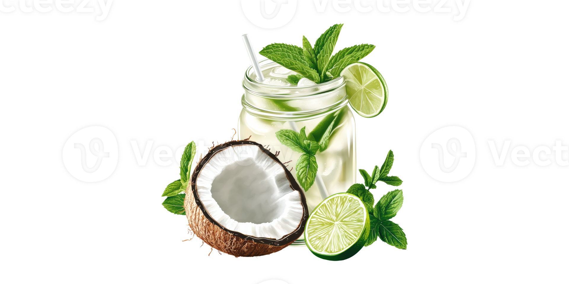 Refreshing Coconut Lime Drink With Mint Leaves In Mason Jar. Tropical Beverage For Summer Hydration Isolated On Transparent Background png