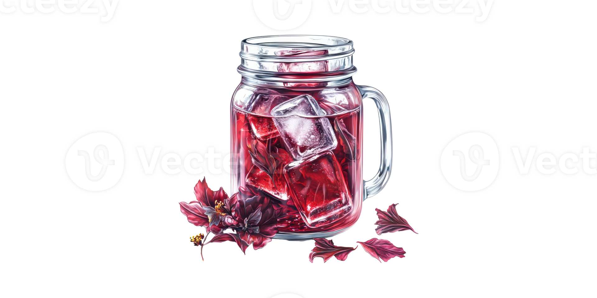 Hibiscus Iced Tea In Mason Jar With Ice Cubes And Flowers. Refreshing Herbal Beverage Concept Isolated On Transparent Background png