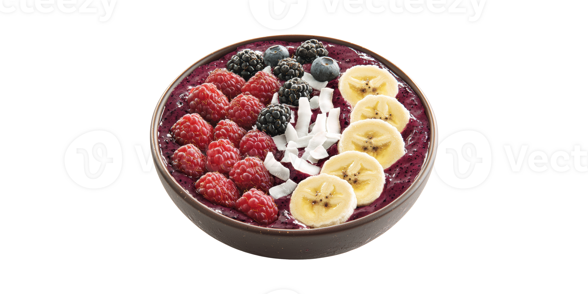 Acai Bowl With Fresh Berries And Banana Slices. Healthy Breakfast And Superfood Nutrition Isolated On Transparent Background png
