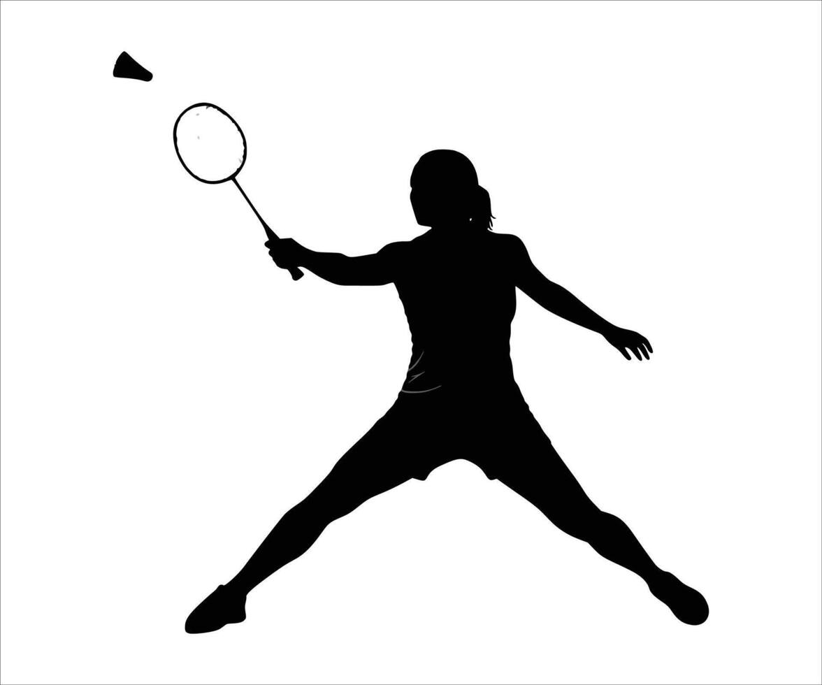 A female badminton player is depicted as a black silhouette against a white backdrop. vector