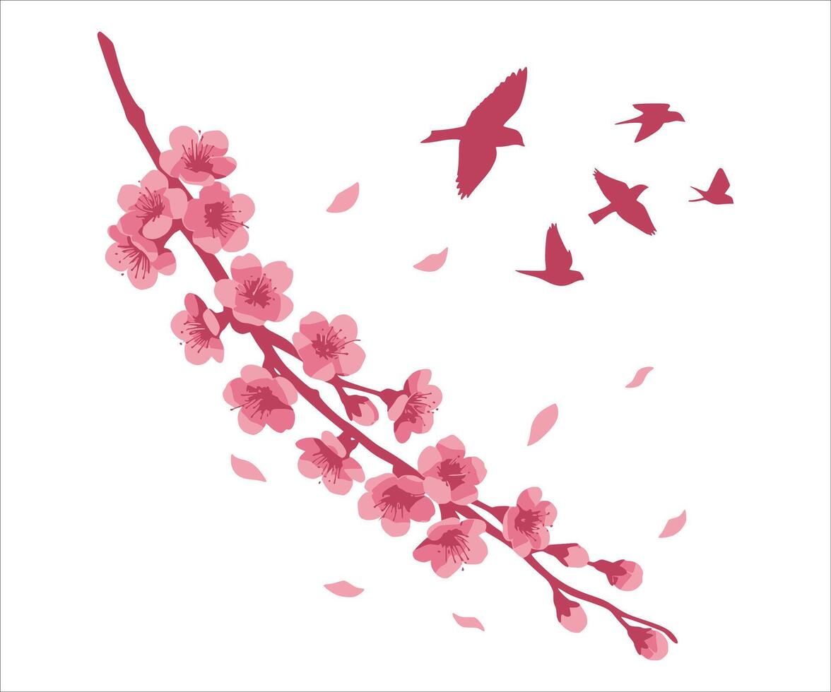 Birds sitting on a Sakura branch, featuring a background that is editable and has a transparent color base. vector