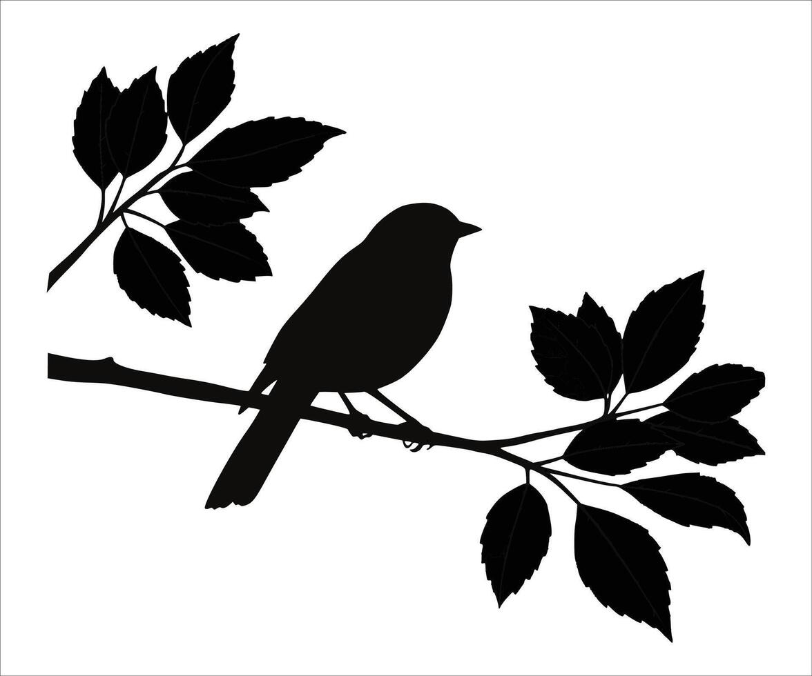 Illustration of a bird silhouette perched on a leafy branch against a white backdrop. vector
