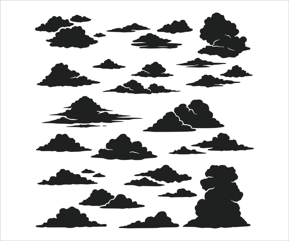 A collection of various cloud shapes on a white backdrop. Silhouettes of clouds vector