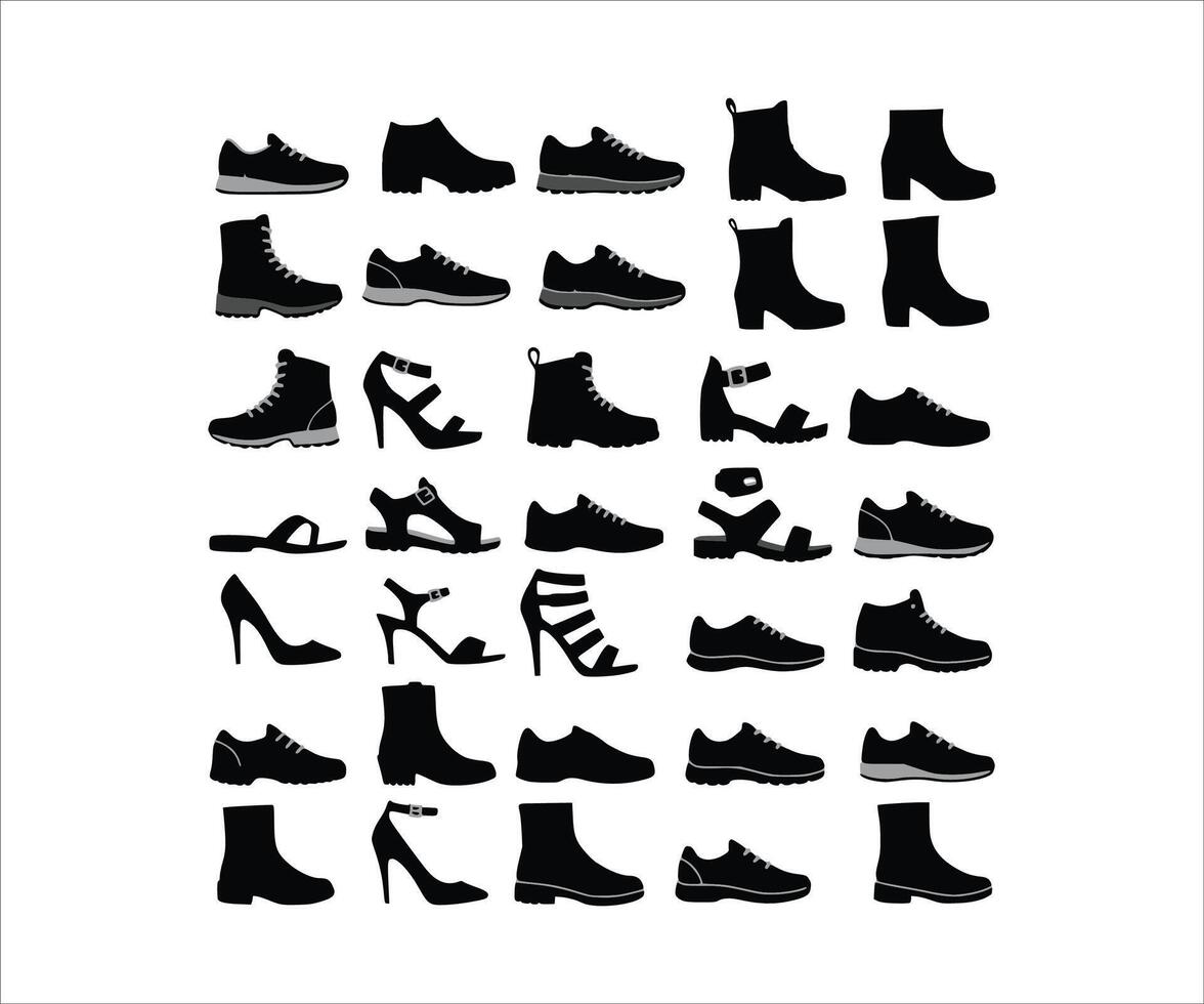 Silhouette-style icons representing various shoes. vector
