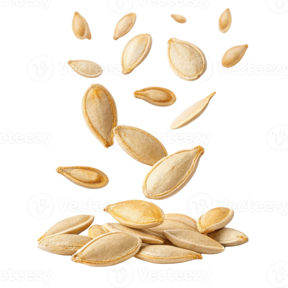 Pumpkin seeds falling in mid air, showcasing their smooth texture and light color, creating dynamic and lively scene png