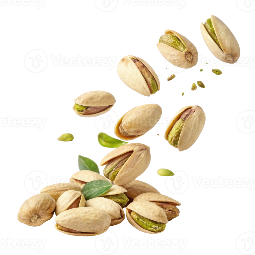 Pistachios falling and scattered transparency background, showcasing their natural color and texture, evoking sense of freshness and healthiness png
