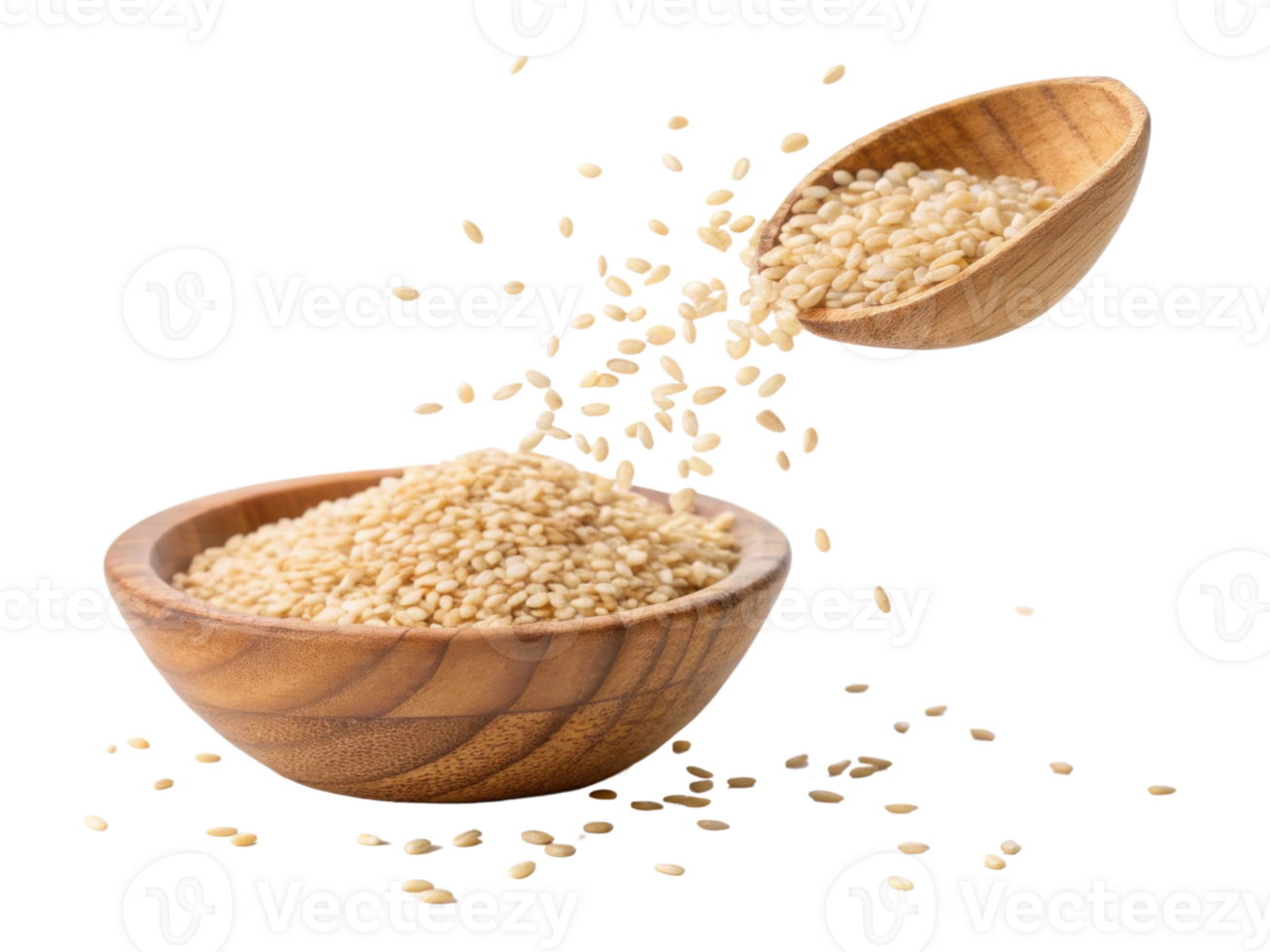 Fresh sesame seeds in wooden bowls, showcasing dynamic pouring action, evoke sense of natural beauty and culinary delight png