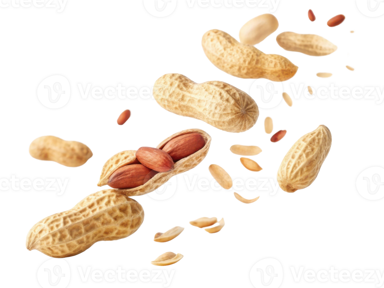 Peanuts in various forms, including whole and shelled, create dynamic and appetizing display. This captures essence of healthy snacking png