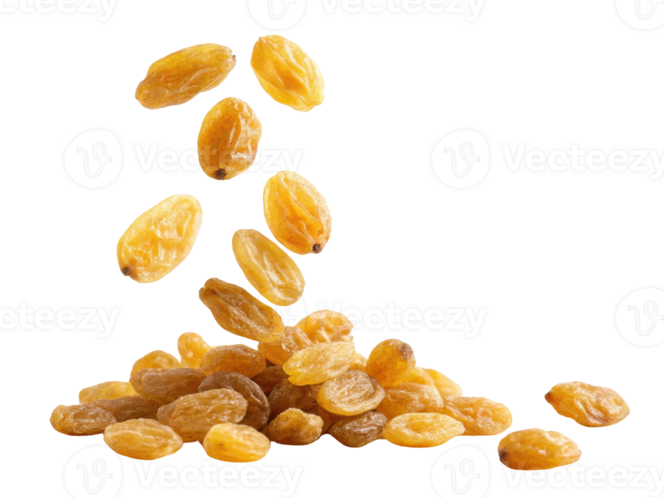 Dried yellow raisins falling from above, creating vibrant and healthy snack scene. Their natural sweetness and chewy texture make them delightful png