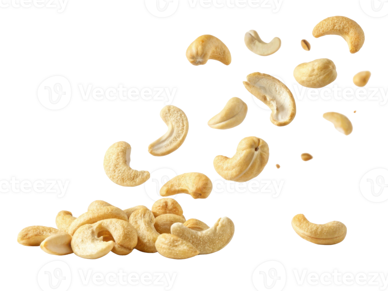 Cashew nuts falling in dynamic arrangement, showcasing their unique shapes and textures, creating sense of movement and freshness png