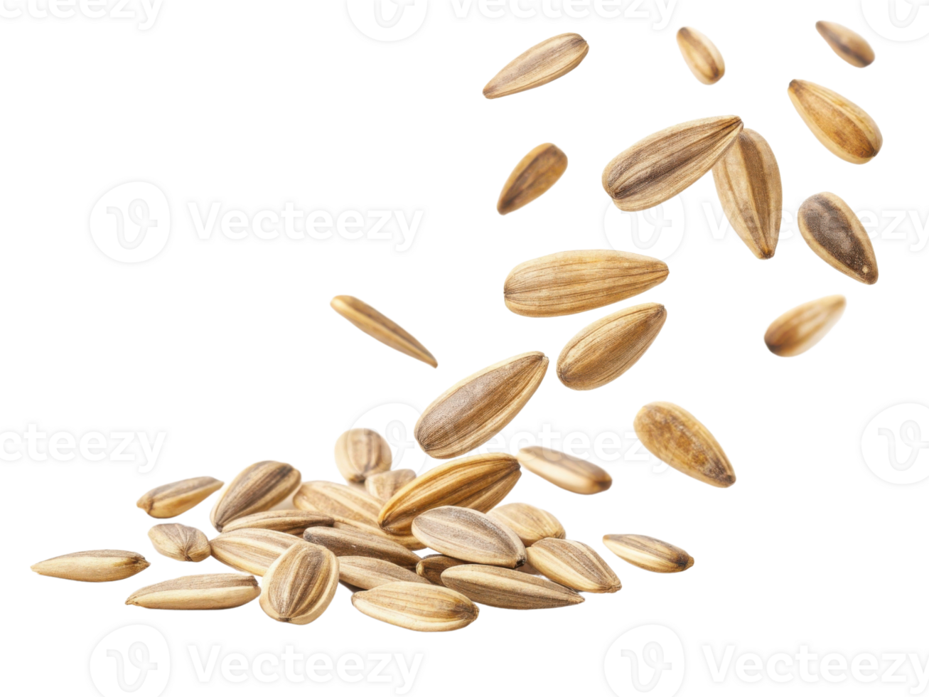 pile of sunflower seeds with some seeds falling, showcasing their natural texture and color, evoking sense of freshness and healthiness png