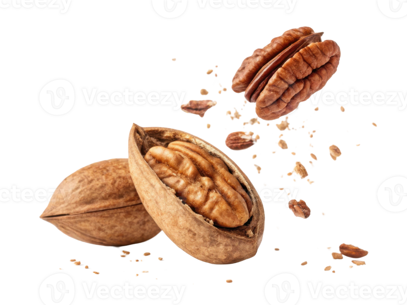 Fresh pecans in their shells, showcasing rich texture and color of nuts, evoke sense of natural goodness and health png
