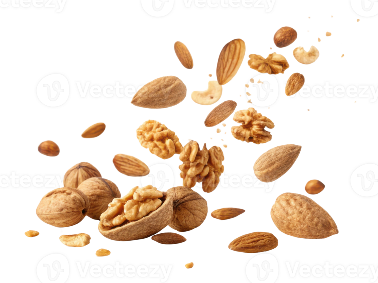Nuts in various forms, including whole and shelled, create dynamic and healthy display, showcasing their natural textures and colors png