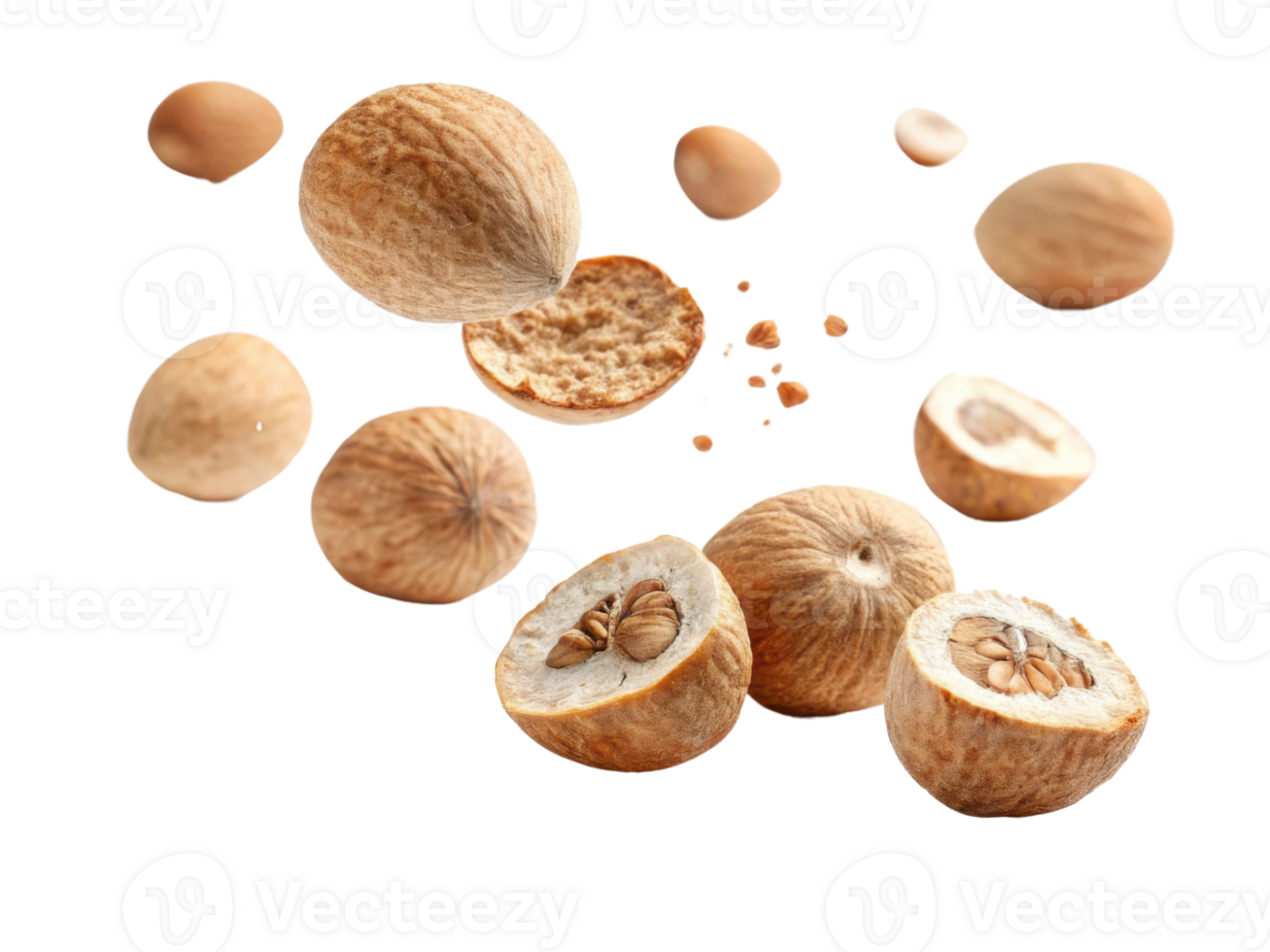 Floating nuts with cracked shells and scattered pieces create dynamic and natural scene, showcasing their texture and color png