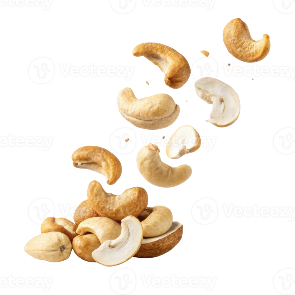 Cashew nuts falling in dynamic arrangement, showcasing their unique shapes and textures, creating appealing visual display png