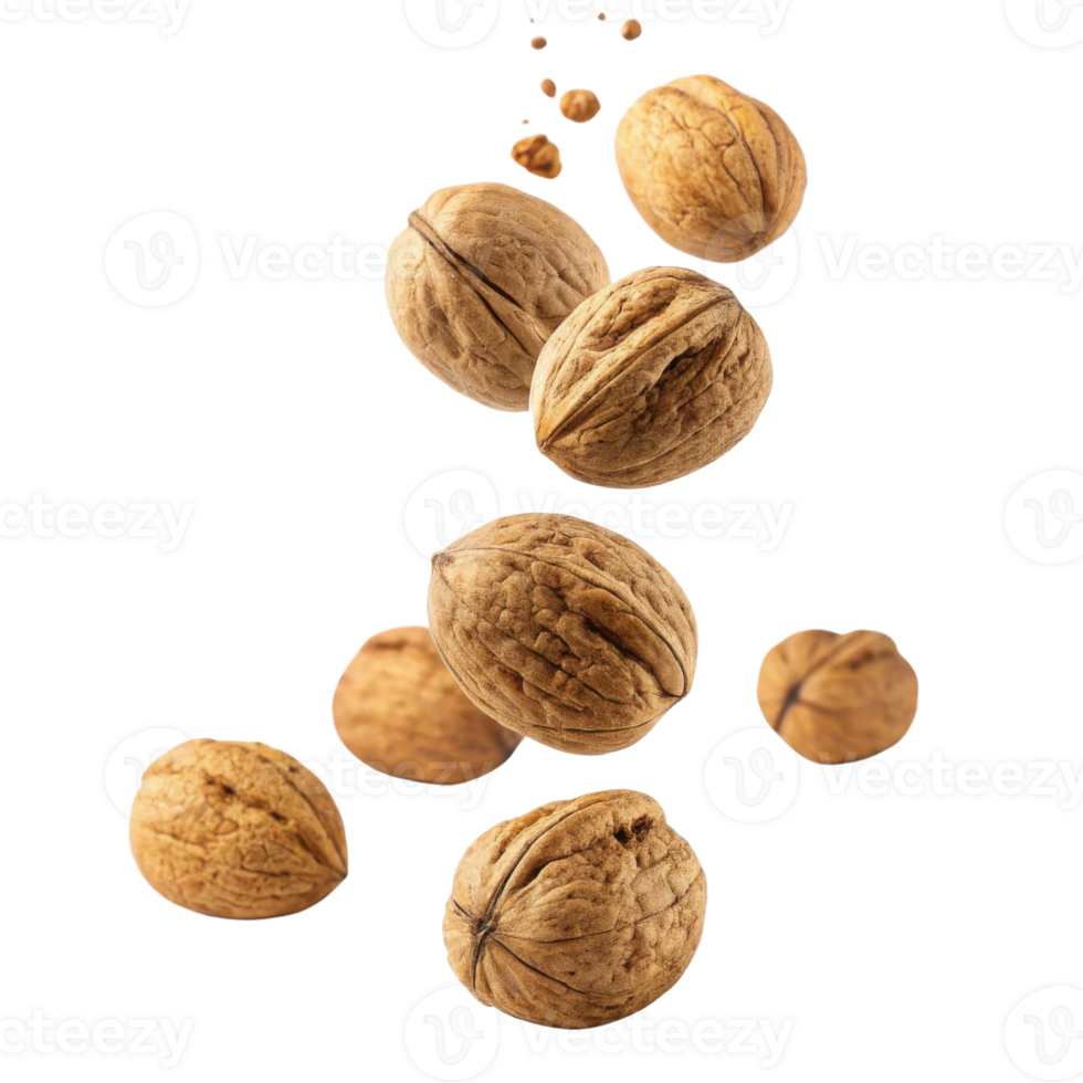 Nuts falling in mid air, showcasing their natural texture and color, create dynamic and appetizing visual png