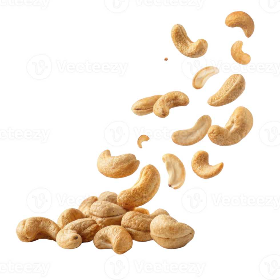 Cashews falling from above, creating dynamic and appetizing scene. These nuts are perfect for snacking or adding to dishes png