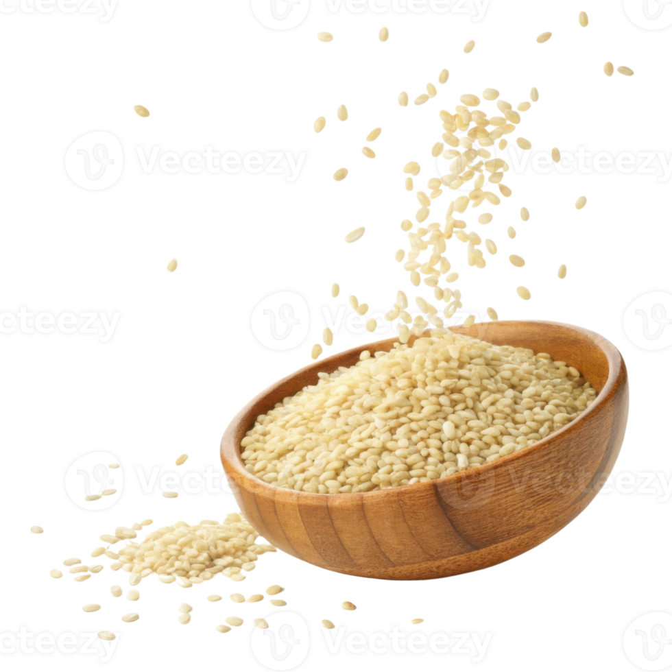 wooden bowl filled with sesame seeds, with some seeds falling around, creating dynamic and fresh look png