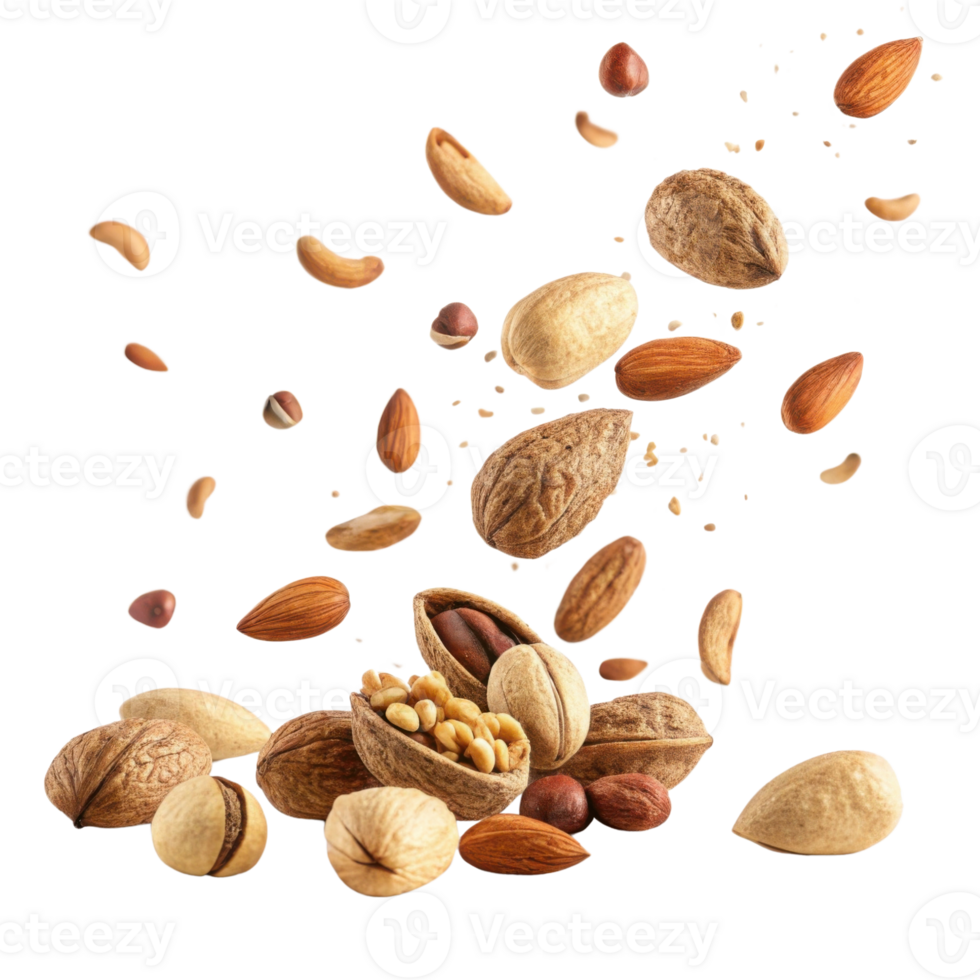 variety of nuts including almonds, cashews, and walnuts are scattered and floating in air, creating dynamic and healthy snack scene png