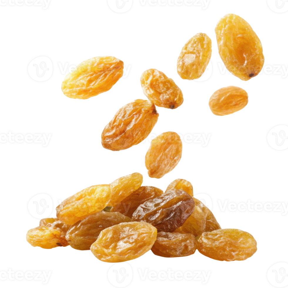 Golden raisins falling from above onto pile, showcasing their natural sweetness and texture. Perfect for healthy snacks or baking png
