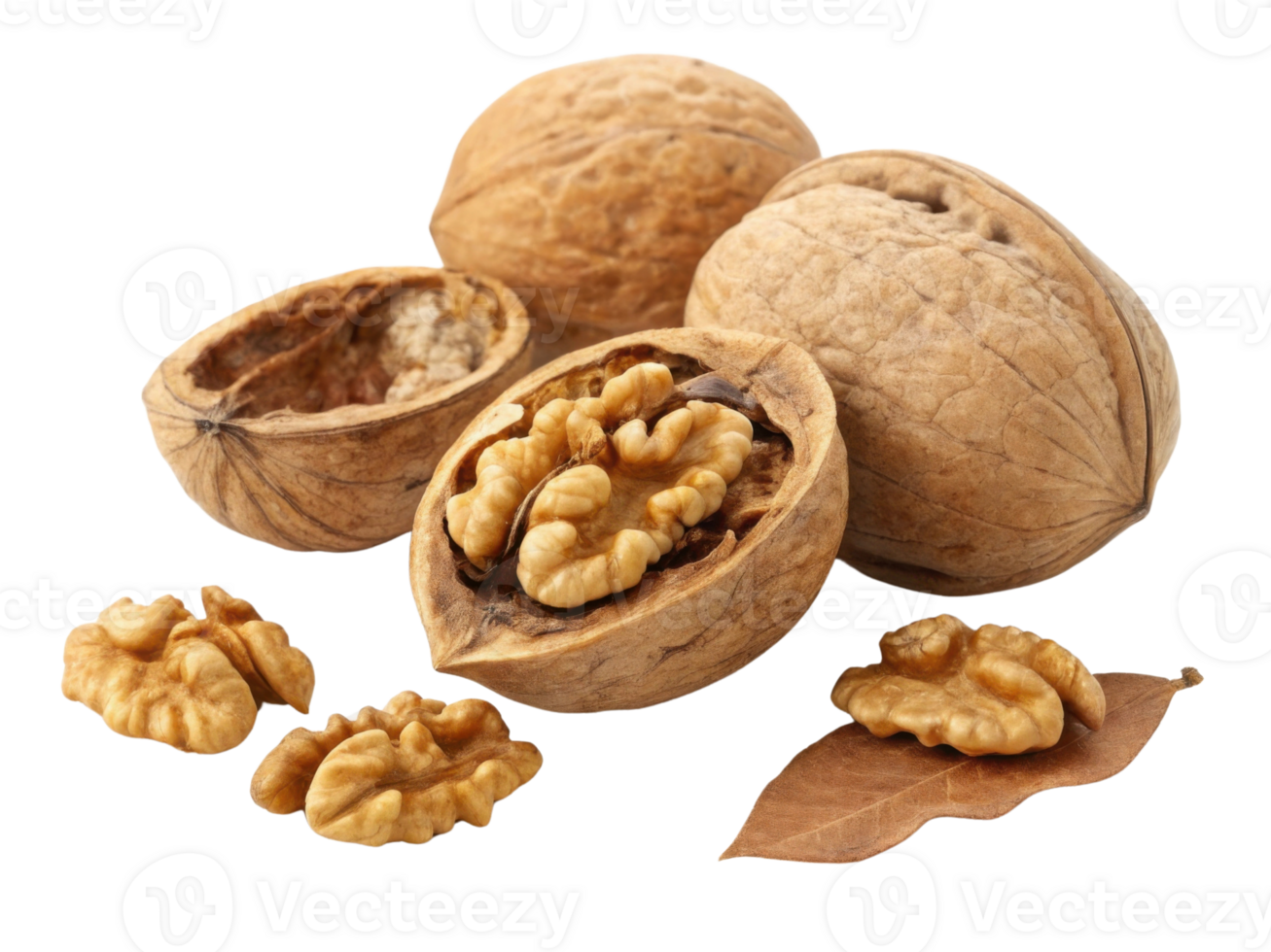 Walnuts in their shells and shelled, showcasing their rich texture and natural color, evoke sense of health and nutrition png